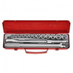 Набор головок 1/2" (10,11,12,13,14,15,17,19,21,22,24,26,27мм.) 6-гранных ,вороток, удлинитель,трещотка 24-зубцовая 16пр. в металлическом кейсе