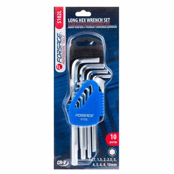 Набор ключей 6-гранных Г-образных длинных 10 предметов(1.27, 1.5, 2, 2.5, 3-6, 8, 10мм)в пластиков. 6585        F-5102L
