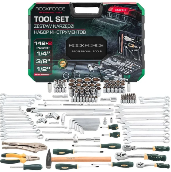 Набор инструментов 142+2пр. 1/4", 3/8", 1/2" (6гр.,12гр.) 63203 RF-41421+2