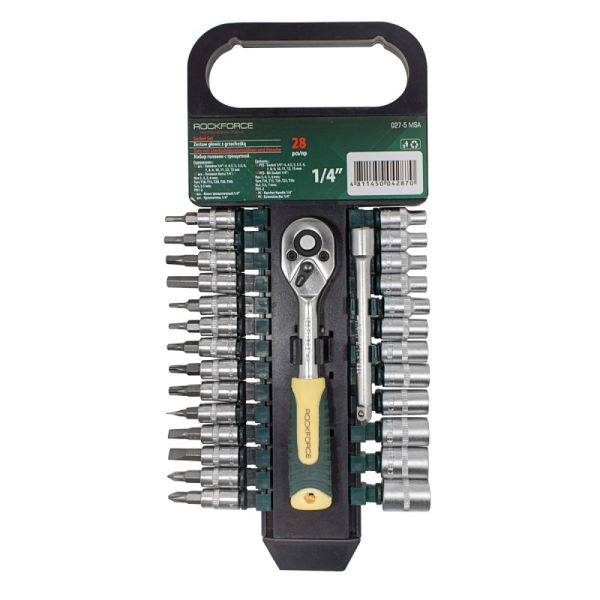 Набор головок и бит с трещоткой в пласт. держателе 28 предметов 1/4" (4-14мм, 6-гран.) 11866       RF-027-5MSA