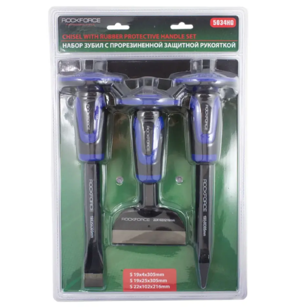 Набор зубил c прорезиненной защитной рукояткой, 3пр.(4х305мм,25х305мм,102х216мм),в блистере 50675 RF-5034HQ