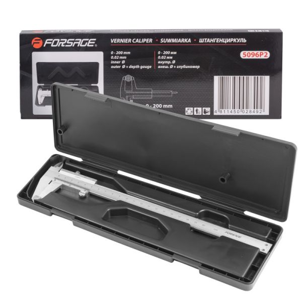 Штангенциркуль (0-200мм, 0.02мм; внутр. Ø, наруж. Ø + глубиномер), в пластиковом футляре 18014       F-5096P2