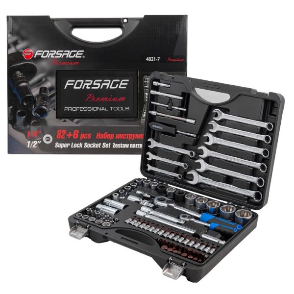 Набор инструментов 82+6пр. Premium 1/4"(12гр.) 1/2" (сорв.гр.) 49597 F-4821-7 PREMIUM