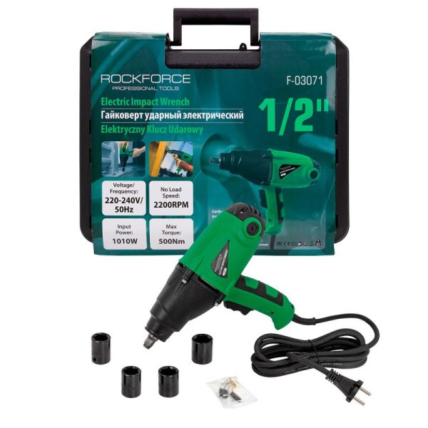 Гайковерт ударный электрический 1/2''(230V, 1020W, 600Нм) с комплектом головок (17, 19, 21, 23мм) 50166 RF-F-03071