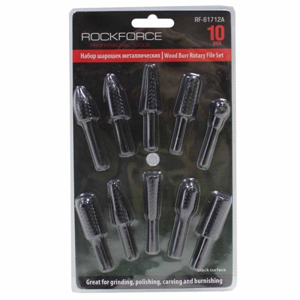 Набор шарошек металлических разнопрофильных по пластику и дереву 10пр.(Ø хвостовика 6мм),в блистере 48570       RF-61712A