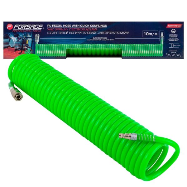 Шланг витой полиуретановый 8мм х 12мм х 10м с быстроразъемами 59766 F-1208-10Green