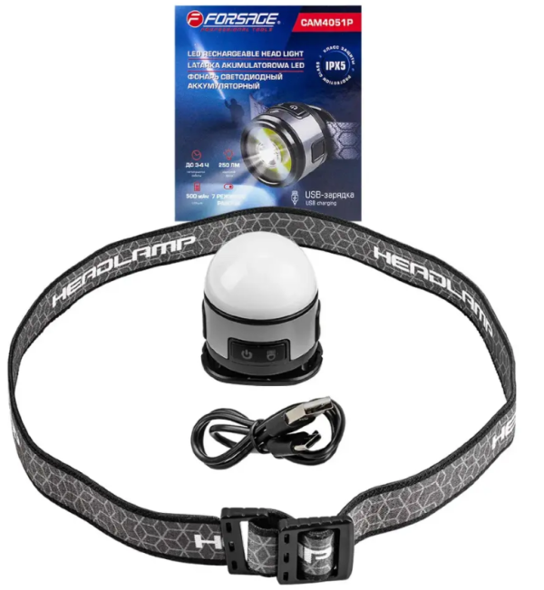 Фонарь налобный аккумуляторный с налобной лентой многофункциональный (7 реж. раб, аккум. 500мАч, 250 58488 F-CAM4051P