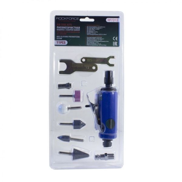 Пневмозачистная машинка с комплектом камней 11пр(цанги:3мм,6мм25000об/мин, 85л/мин,6.3Bar,штуцер 1/4 50368 RF-RP7313