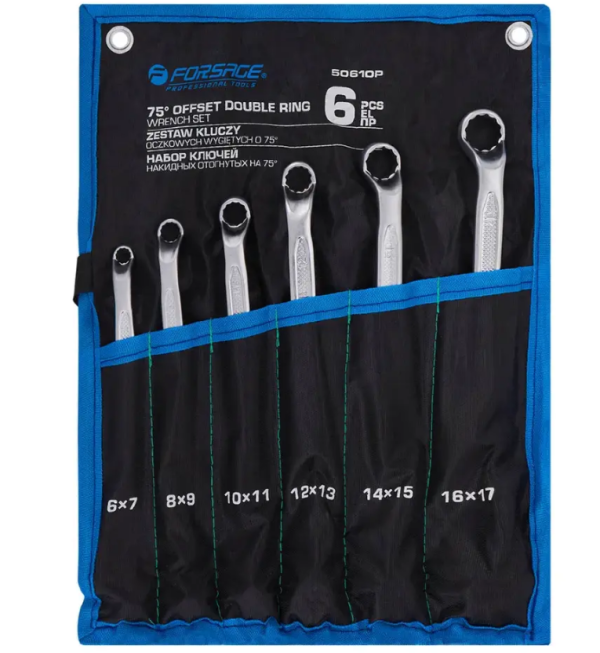 Ключи накидные отогнутые на 75град., набор 6пр. (6х7, 8х9, 10х11, 12х13, 14х15, 16х17мм) 65653 F-50610P