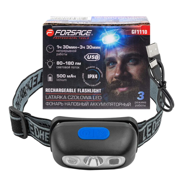 Фонарь светодиодный налобный аккумуляторный с сенсором бесконтактного включения (4 реж.раб.,500мАч. 60450 F-GF1110