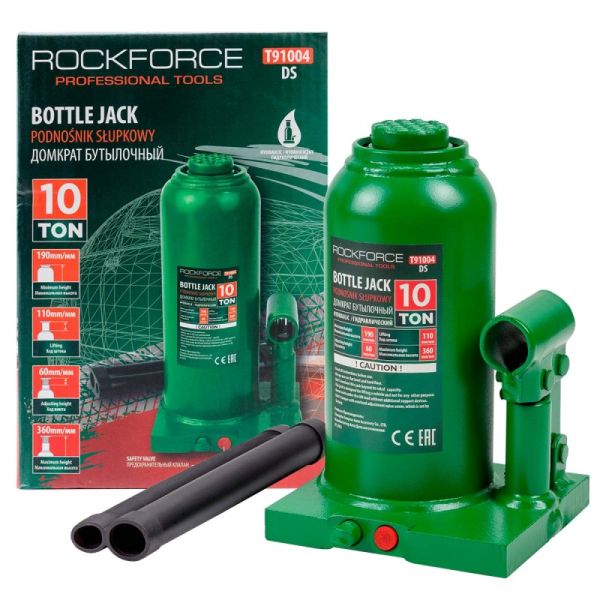 Домкрат гидравлический бутылочный, 10т (с предохранительным клапаном, минимальная высота: 190 мм, хо 51453 RF-T91004(DS)