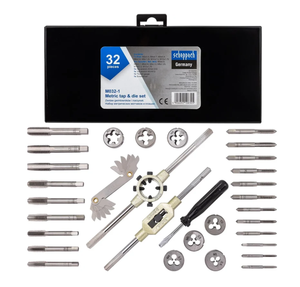 Набор метчиков и плашек 32 пр(М3х0.5,М4х0.7,М5х0.8,М6х1,М8х1.25,М10х1.5,М12х1.75) 64902 Sch-M032-1