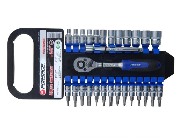 Набор головок и бит с трещоткой 28 предметов 1/4" (4-14мм; Torx:T10-T30; Hex:3-6мм;SL:4,5.5,7мм; PH1 9671        F-027-5 MSA