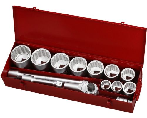 Набор головок 1" (36,41,46,50,55,60,65,70,75,80 мм.) 12-гранных,вороток,удлинители,трещотка 14 пр. в металлическом кейсе