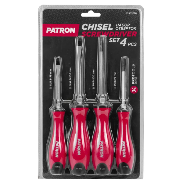 Набор отверток силовых магнитных 4пр (SL5.5x75мм, SL6.5x100мм, РН1х75мм, РН2х100мм), в блистере 64829 P-7004