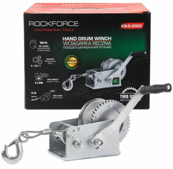 Лебедка ручная барабанная, 900кг(стальной трос, диаметр троса-4.5мм, длина троса-10м ) 59186 RF-KB-S-2000