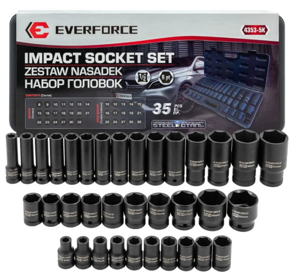 Набор головок 35 пр. (короткие 38мм: 8-23, 24, 27, 30, 32мм; глубокие 78мм: 10, 12-19, 21, 22, 24, 2 61638 EF-4353-5K