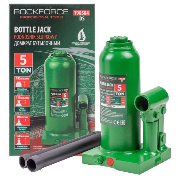 Домкрат гидравлический бутылочный, 5т (с предохранительным клапаном, минимальная высота: 185 мм, ход 51457 RF-T90504(DS)