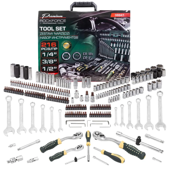 Набор инструментов 216пр. 1/4" 3/8" 1/2"(6гр, 12гр)(4-32мм) 62025 RF-38841 Premium