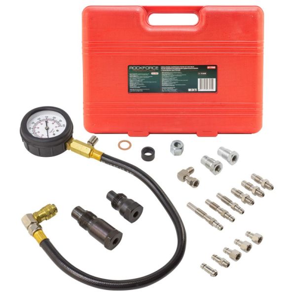 Тестер компрессии дизельного двигателя в наборе с резьбовыми адаптерами, (0-70 bar),19пр.в кейсе. 15260       RF-917G2