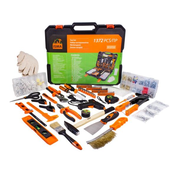 Набор инструментов 1372пр.1/4''(6-гр.) (5-13мм, шарнирно-губцевый,биты,молоток,рулетка,уровень,клеев 50791 ISMA-513722