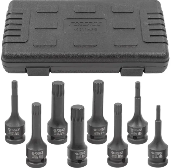 Набор головок-бит SPLINE ударных 8пр.,1/2''(M5, M6, M8, M10, M12, M14, M16, M18), в кейсе 54598 F-40811MPB