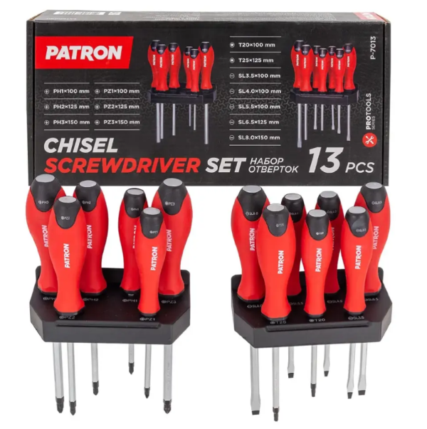 Набор отверток сил.магн.13пр (SL:3.5x100,4x100,5.5x100,6.5x100, 8х150;РН:1х100,2х125,3х150;PZ:1х100, 64828 P-7013