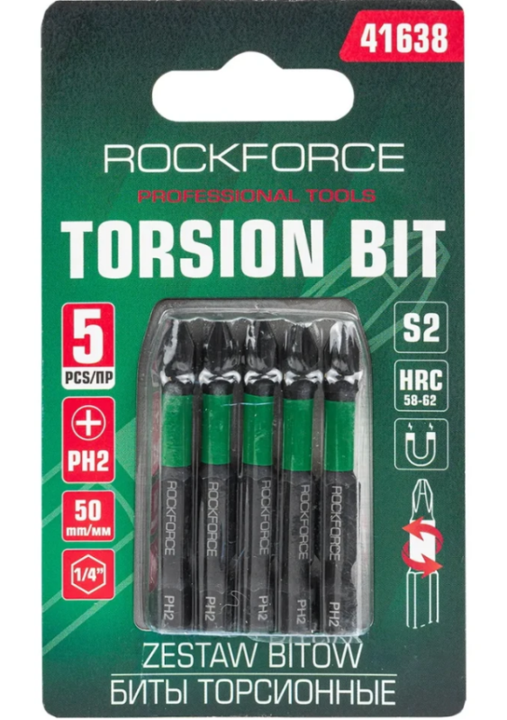 Биты торсионные магнитные крестовые РН2х50мм, 1/4''(5шт.), в блистере 60921 RF-41638