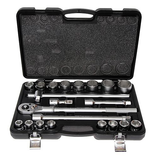 Набор головок 3/4" 19-50 мм.,6-гранных , вороток , удлинители,трещотка 21 пр. в пластиковом кейсе
