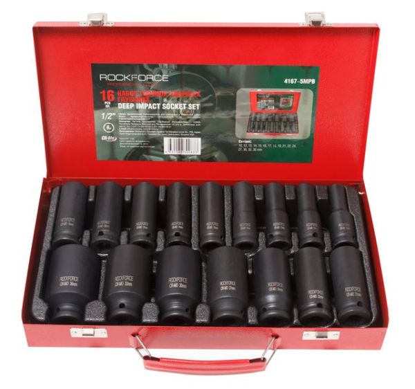 Набор головок ударных глубоких, 16 предметов 1/2" 6гр.(10,12,13,14,15,16,17,18,19,21,22,24,27,30,32, 28576       RF-4167-5MPB