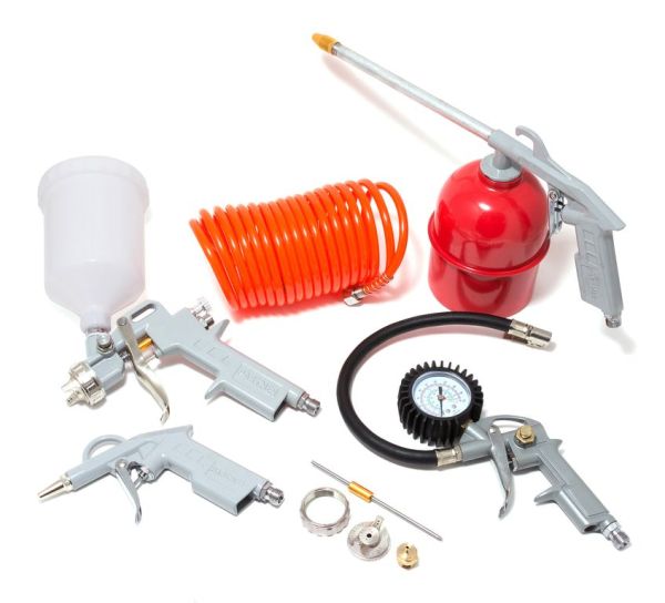 Набор пневмоинструмента 5 предметов (краскопульт-сопло 1.5мм+доп.сопло 2.0мм,обдувочник,подкачка,про 7695        8031K5-G