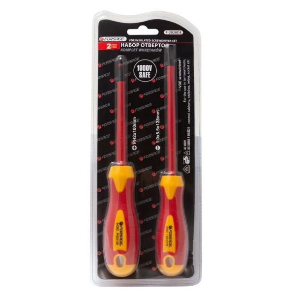 Набор отверток диэлектрических, 2 предмета CrV6150 (SL:5,5x125мм; PH2х100мм), в блистере 28130       F-2028DE