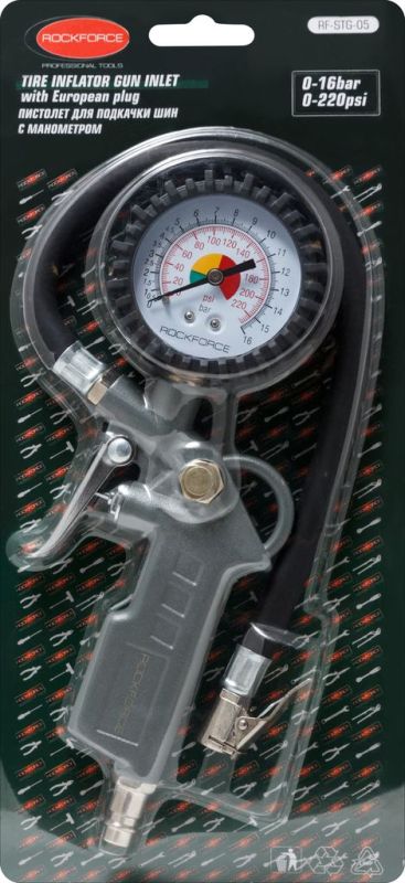 Пистолет для подкачки шин с аналоговым манометром и шлангом (0-16Bar), в блистере 26137       RF-STG-05