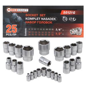 Набор головок 1/4'', 1/2'', 25пр. (6гр.)(1/2'': 10,11,12,13,14,15,16,17,18,19,21,22,24,27,30,32мм.  57683 FK-50121G