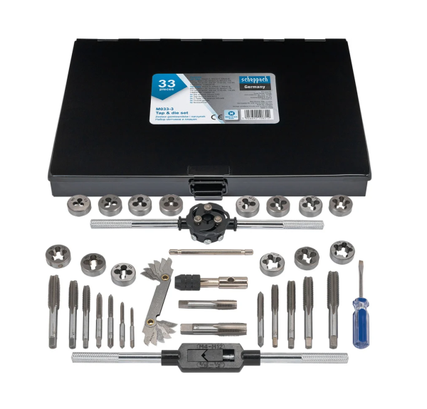 Набор метчиков и плашек 33пр.(метрич+дюйм)(М3х0.5,М4х0.7,М5х0.8,М6х1.0,М8х1.25,М10х1.5,М12х1.75;1/4, 64903 Sch-M033-3