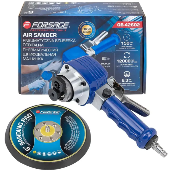 Пневмошлифовальная орбитальная машинка 6"(12000об/мин, диаметр диска 150мм,эксцентрик 0/10мм,6.3bar. 61563 F-QB-42602