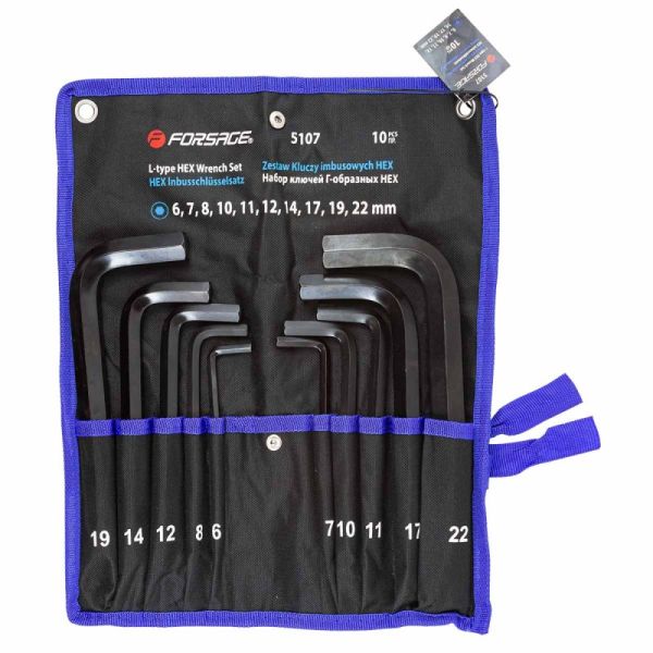 Набор ключей Г-образных 6-гранных длинных 10 предметов (6, 7, 8, 10, 11, 12, 14, 17, 19, 22мм)на пол 18825       F-5107L