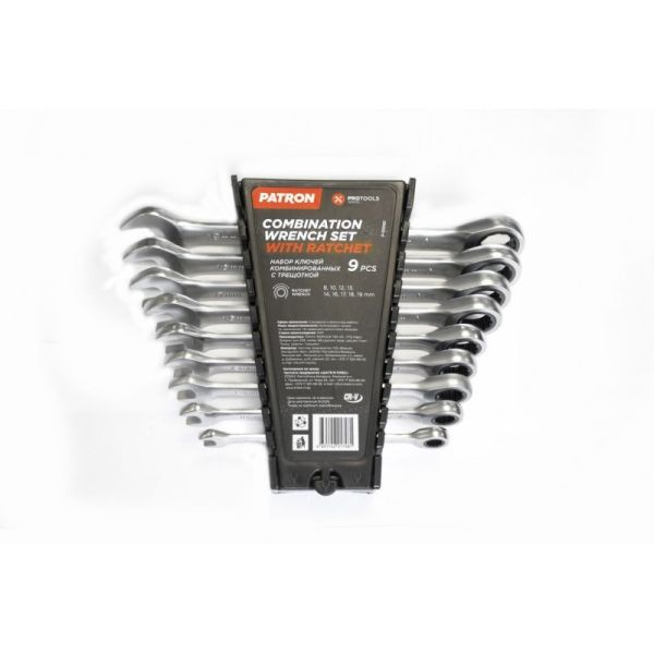 Набор ключей комбинированных трещоточных 9 предметов (8,10,12,13,14,16,17,18,19мм), в пластиковом де 47403       P-51092