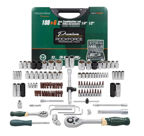 Набор инструментов 108+6 предметов1/4"1/2"(6гр.)+(гол.-бита1/4":T40;биты 5/16":М5,6,8,10,12,14;голов 26255       RF-41082-5 PREMIUM