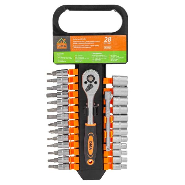 Набор головок и бит с трещоткой 28пр. 1/4''(4-13мм, Torx:T10,15,20,25,30, Hex:3-6мм,SL:4,5.5,7мм, PH 51099 ISMA-2028-5