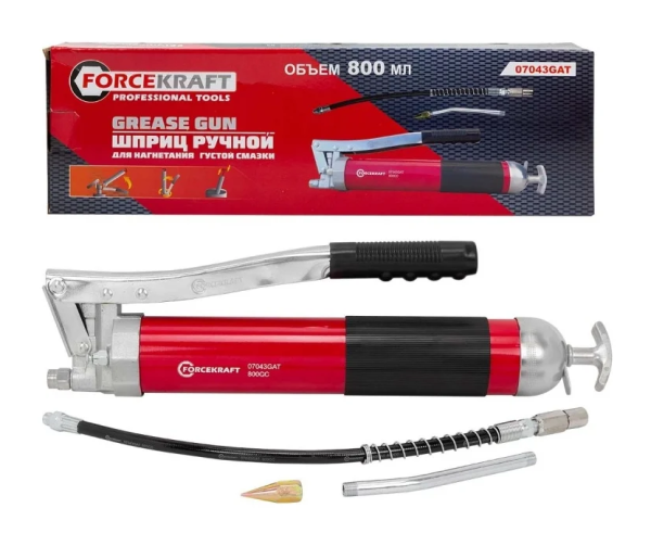 Шприц для нагнетания густой смазки ручной 800мл в комплекте с жестким(L-140мм) и гибким(L-300мм) нак 57297 FK-07043GAT