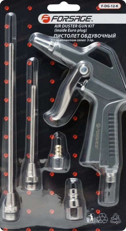 Пистолет обдувочный с комплектом сопел 3 предмета(20,90,165мм+штуцер под б/с+штуцер елочка 8мм), в б 26072       F-DG-12-K