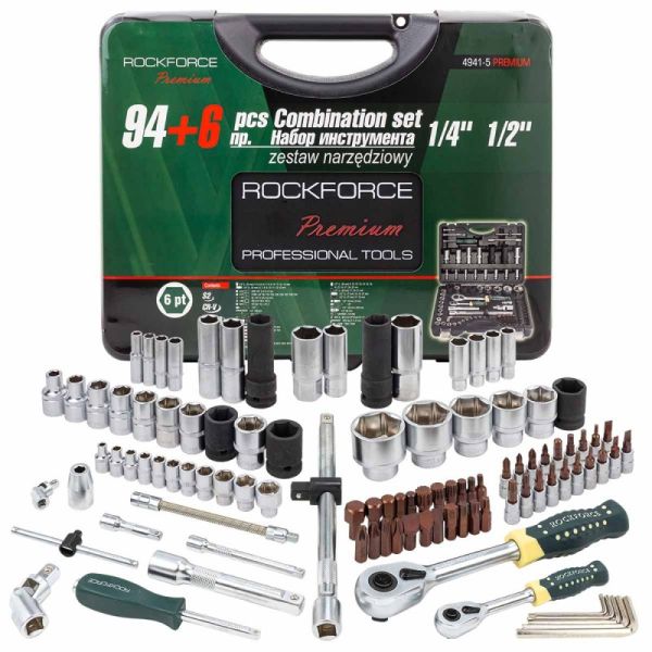 Набор инструментов 94+6 предметов 1/4",1/2"(6гр.)+(головка-бита1/4":T40;биты 5/16":М5,6,8,10,12,14;г 26256       RF-4941-5 PREMIUM