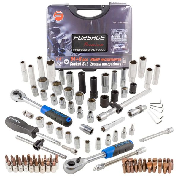 Набор инструментов 94+6 предметов 1/4",1/2"(6гр.)+(головка-бита1/4":T40;биты 5/16":М5,6,8,10,12,14;г 27803       F-4941-5 PREMIUM