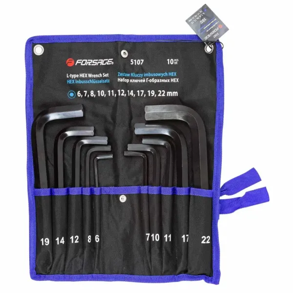 Набор ключей Г-образных 6-гранных 10 предметов (6, 7, 8, 10, 11, 12, 14, 17, 19, 22мм) на полотне 18814       F-5107